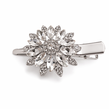 Silver crystal flower hair clip with layered faceted clear crystals for girls
