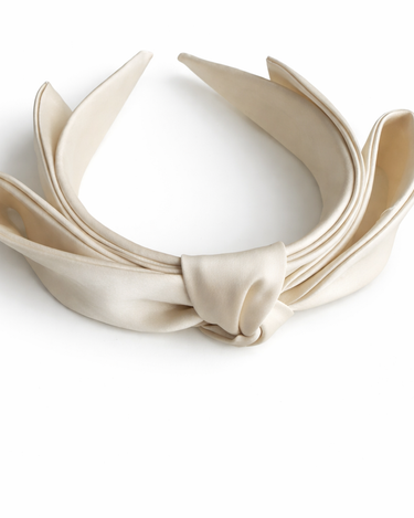 Ivory satin layered bow headband for girls with structured sculpted design
