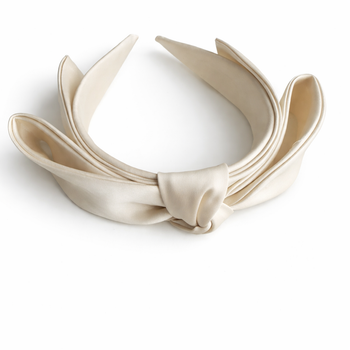 Ivory satin layered bow headband for girls with structured sculpted design
