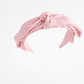 Pink satin layered bow headband for girls with structured sculpted design
