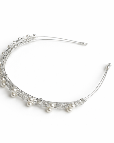 Silver slim headband with clear crystals and pearl drop detailing for girls