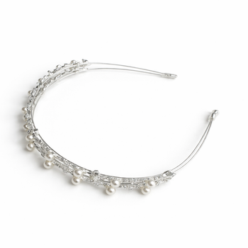 Silver slim headband with clear crystals and pearl drop detailing for girls