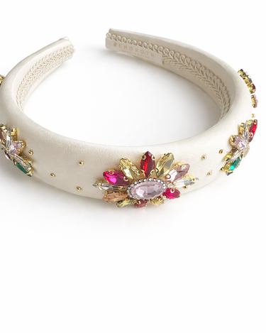 Ivory satin girls headband with faux pearls and multicolour crystal floral embellishments