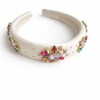 Ivory satin girls headband with faux pearls and multicolour crystal floral embellishments