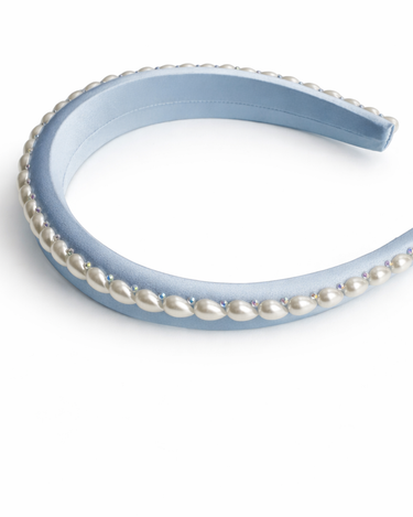 Blue 100% silk padded headband with pearl edging and crystal accents for girls