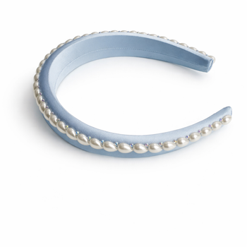 Blue 100% silk padded headband with pearl edging and crystal accents for girls