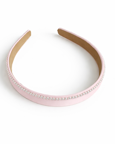 Pink silk slim headband with delicate ivory pearl edge detailing for girls
