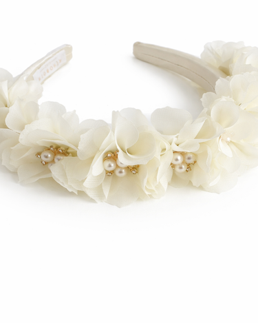 Ivory satin headband with fabric flowers and pearl accents