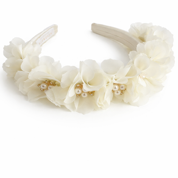 Ivory satin headband with fabric flowers and pearl accents