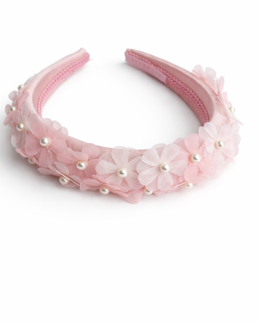 Blush pink satin headband with layered chiffon flowers and pearl centres for girls