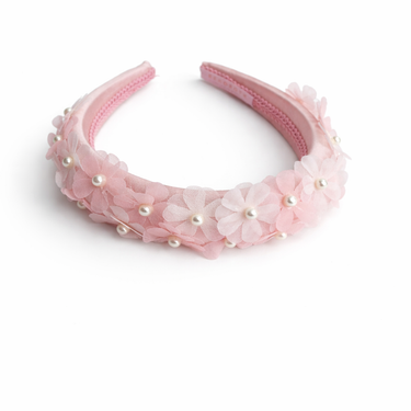 Blush pink satin headband with layered chiffon flowers and pearl centres for girls