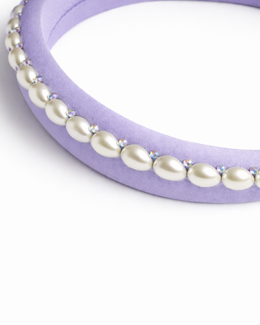 Lilac 100% silk padded headband with pearl edging and crystal accents for girls