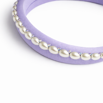 Lilac 100% silk padded headband with pearl edging and crystal accents for girls