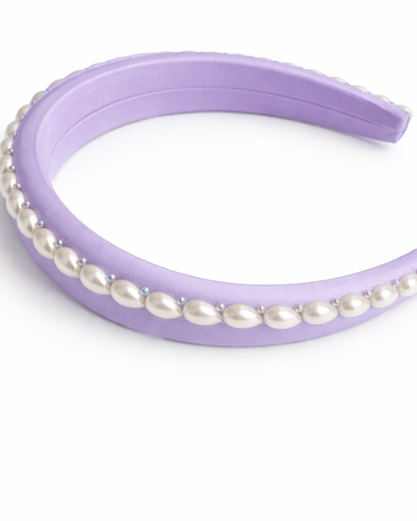 Lilac 100% silk padded headband with pearl edging and crystal accents for girls