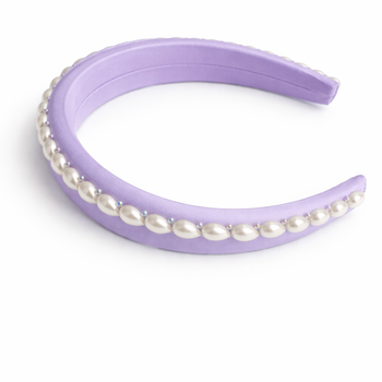 Lilac 100% silk padded headband with pearl edging and crystal accents for girls