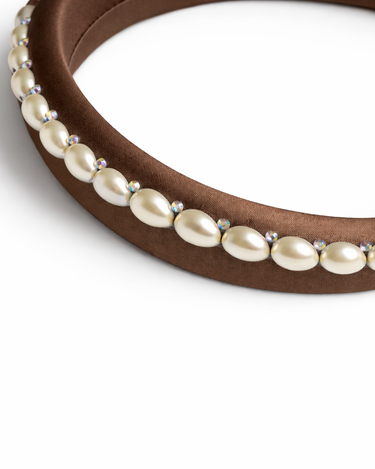 Brown 100% silk padded headband with pearl edging and crystal accents for girls