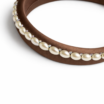 Brown 100% silk padded headband with pearl edging and crystal accents for girls