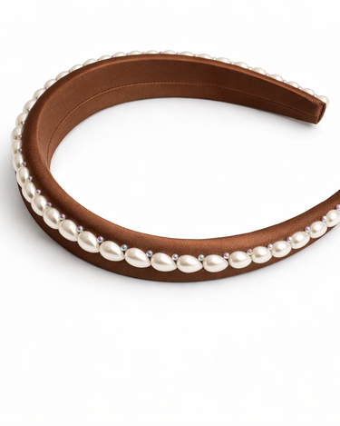 Brown 100% silk padded headband with pearl edging and crystal accents for girls