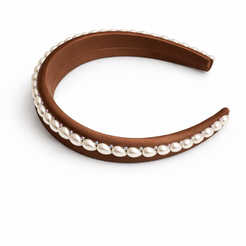 Brown 100% silk padded headband with pearl edging and crystal accents for girls