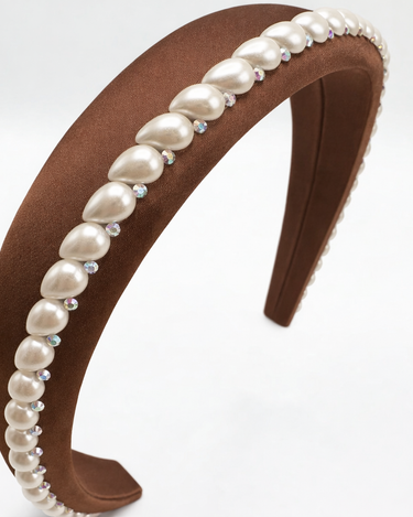 Brown 100% silk padded headband with pearl edging and crystal accents for girls