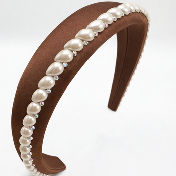 Brown 100% silk padded headband with pearl edging and crystal accents for girls