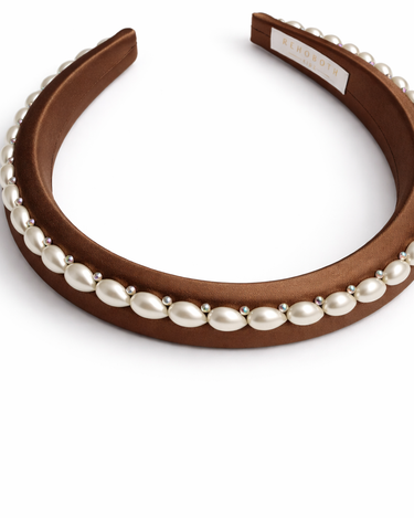 Brown 100% silk padded headband with pearl edging and crystal accents for girls