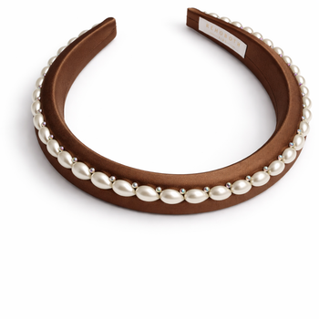 Brown 100% silk padded headband with pearl edging and crystal accents for girls