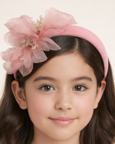 Blush padded floral headband with pearl and crystal centre detailing for girls
