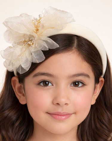 Ivory padded floral headband with pearl and crystal centre detailing for girls