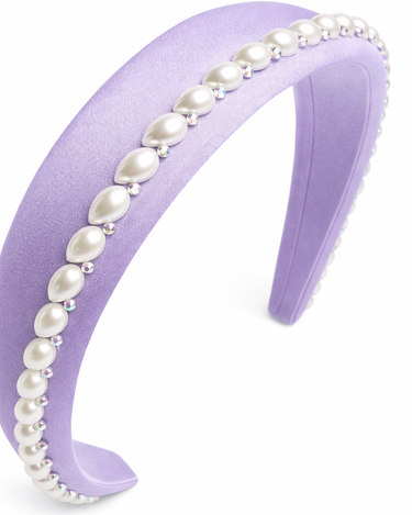 Lilac 100% silk padded headband with pearl edging and crystal accents for girls