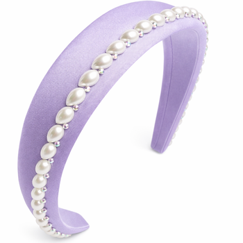 Lilac 100% silk padded headband with pearl edging and crystal accents for girls