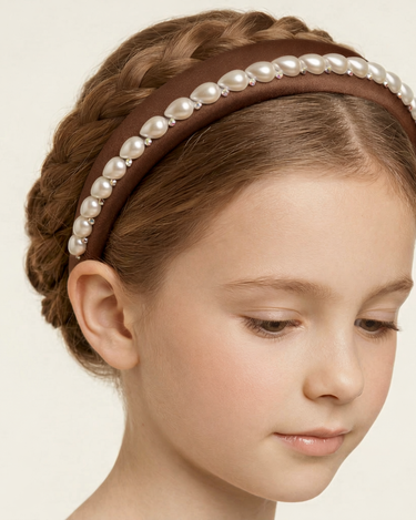 Brown 100% silk padded headband with pearl edging and crystal accents for girls