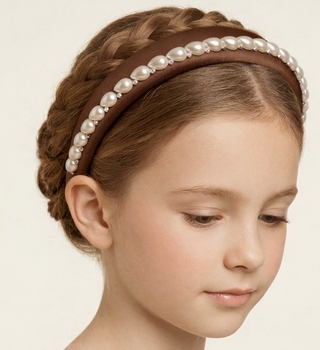 Brown 100% silk padded headband with pearl edging and crystal accents for girls