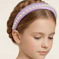 Lilac 100% silk padded headband with pearl edging and crystal accents for girls