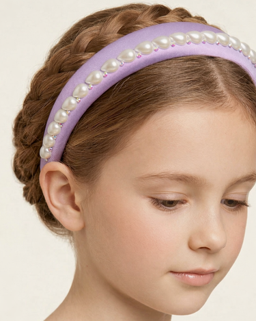 Lilac 100% silk padded headband with pearl edging and crystal accents for girls