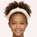 Ivory satin layered bow headband for girls with structured sculpted design
