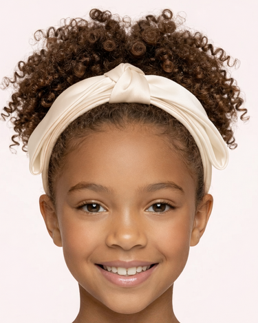 Ivory satin layered bow headband for girls with structured sculpted design
