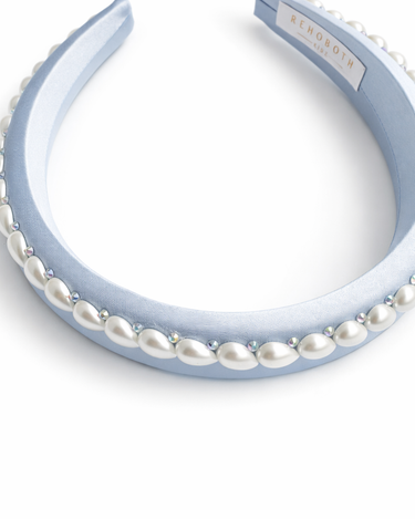 Blue 100% silk padded headband with pearl edging and crystal accents for girls