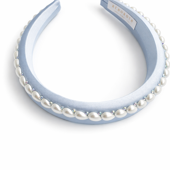Blue 100% silk padded headband with pearl edging and crystal accents for girls
