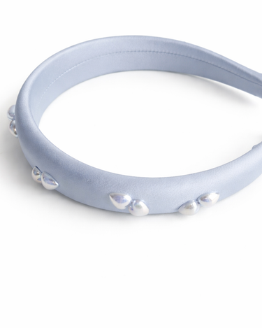 Powder blue satin padded headband with iridescent pearl embellishments for girls
