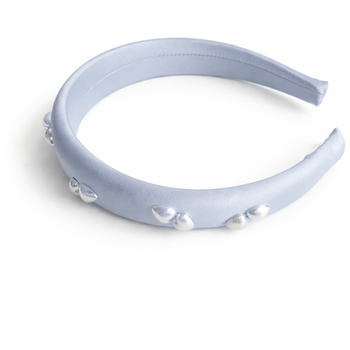 Powder blue satin padded headband with iridescent pearl embellishments for girls
