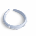 Powder blue satin padded headband with iridescent pearl embellishments for girls
