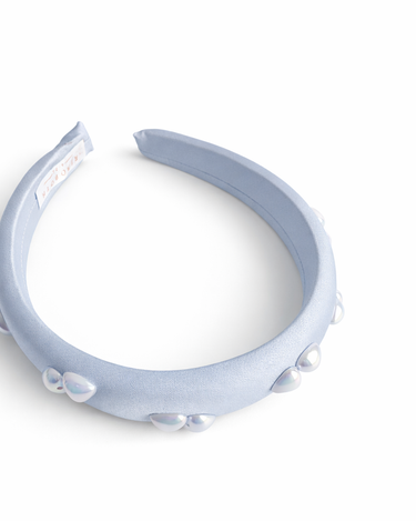 Powder blue satin padded headband with iridescent pearl embellishments for girls
