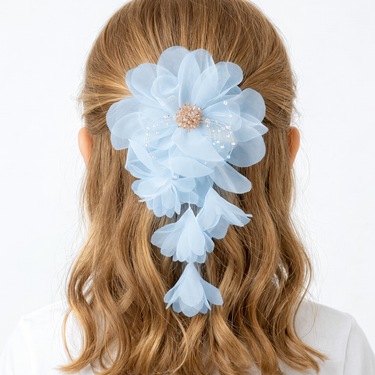 Blue organza flower hair clip with crystal beaded centre and delicate bead detailing for girls