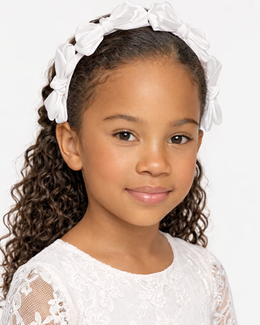 White satin knot headband for girls with sculpted knot detailing