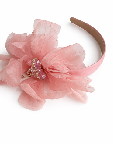 Blush Pink satin headband with layered organza petals and crystal centre detail for girls aged 2 to 12 years