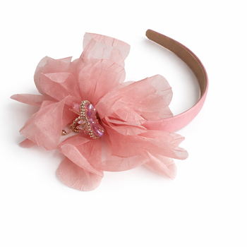 Blush Pink satin headband with layered organza petals and crystal centre detail for girls aged 2 to 12 years