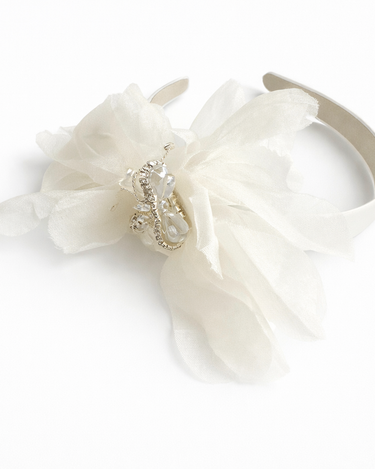 Ivory satin headband with layered organza petals and crystal centre detail for girls aged 2 to 12 years