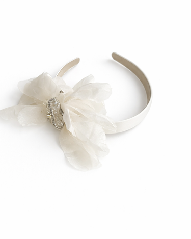 Ivory satin headband with layered organza petals and crystal centre detail for girls aged 2 to 12 years