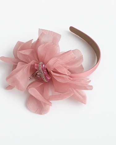 Blush Pink satin headband with layered organza petals and crystal centre detail for girls aged 2 to 12 years